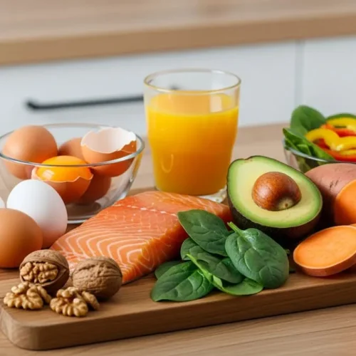 Fotografia realista de uma bancada com ovos, salmão, abacate, espinafre, nozes, batata-doce e suco de laranja, sob iluminação clara e natural.