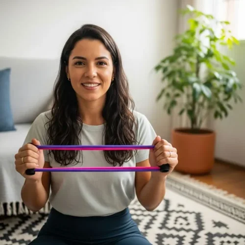 Mulher brasileira sorrindo na sala de casa segurando elástico de resistência, pronta para treinar glúteos.