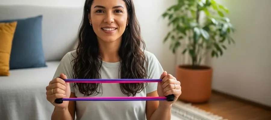 Mulher brasileira sorrindo na sala de casa segurando elástico de resistência, pronta para treinar glúteos.