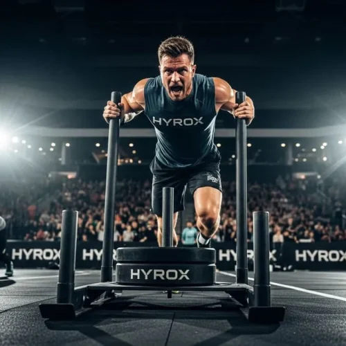 Atleta empurrando trenó durante competição de Hyrox em arena indoor.