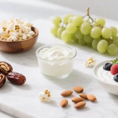 Variedade de lanches saudáveis para emagrecer incluindo Queijo Cottage , popcorn, uvas e tâmaras dispostos em superfície de mármore