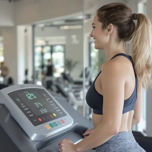 Mulher fazendo treino 12-3-30 na esteira com inclinação de 12 por cento mostrando display com velocidade e inclinação