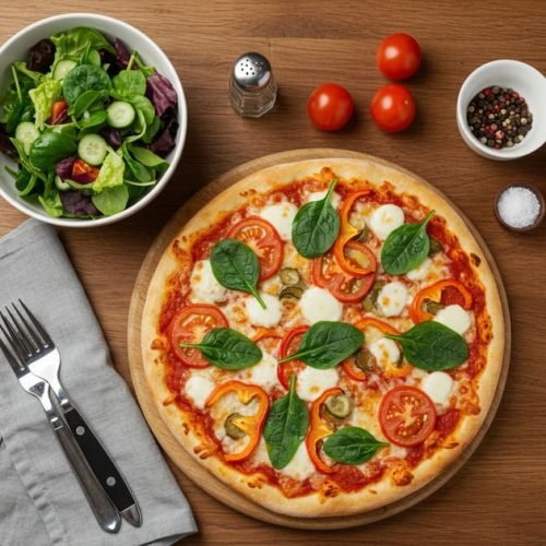 Pizza saudável, com massa fina e recheada de vegetais frescos para começar a conversa.