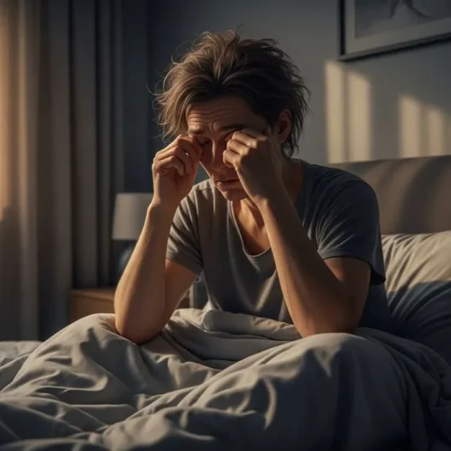 Foto realista de uma pessoa sentada na cama ao amanhecer, com expressão cansada e esfregando os olhos, representando o cansaço após sono de má qualidade.