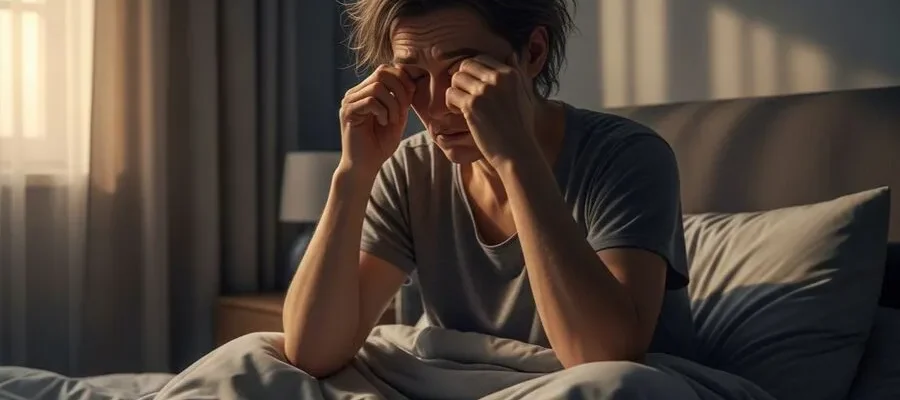 Foto realista de uma pessoa sentada na cama ao amanhecer, com expressão cansada e esfregando os olhos, representando o cansaço após sono de má qualidade.