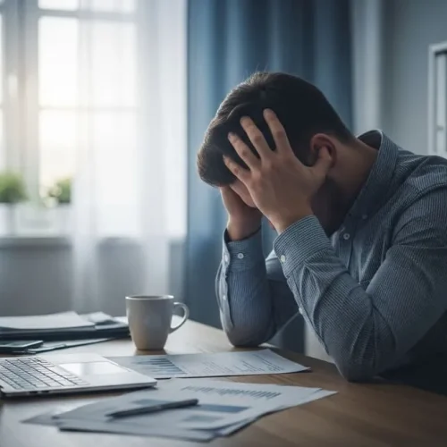 Fotografia realista de uma pessoa cansada no escritório em casa, com cabeça nas mãos, laptop e papéis ao redor, luz suave da manhã.