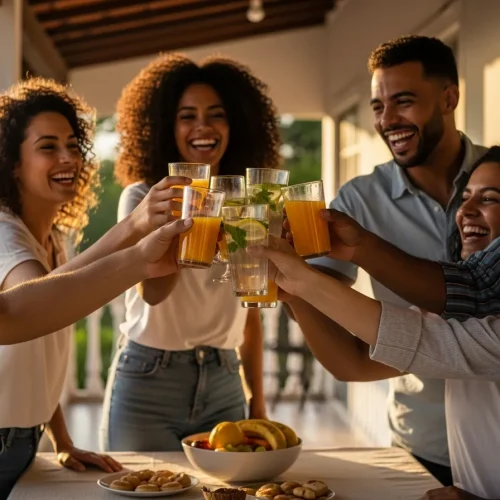 Grupo de amigos brasileiros brindando com sucos e água em varanda ao pôr do sol, celebrando a abstenção álcool.