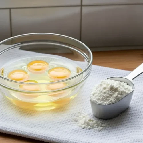 Claras de ovos frescas ao lado de medidor com pó de albumina, mostrando a origem natural do suplemento.