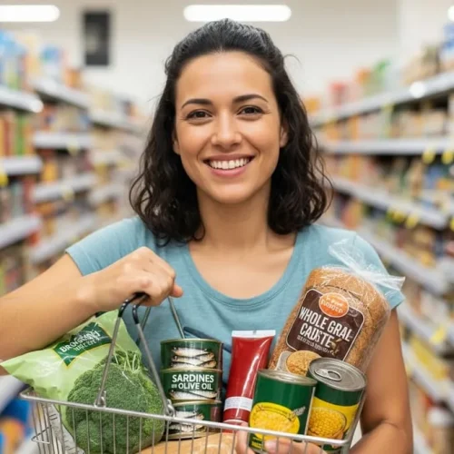 Mulher feliz no supermercado com cesta de alimentos industrializados saudáveis