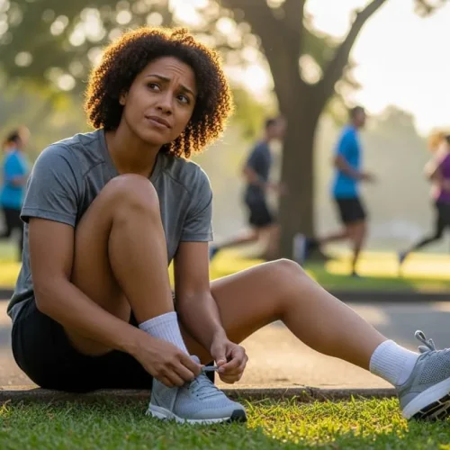 Pessoa amarrando o tênis com cara de quem está repensando o alongamento antes do treino