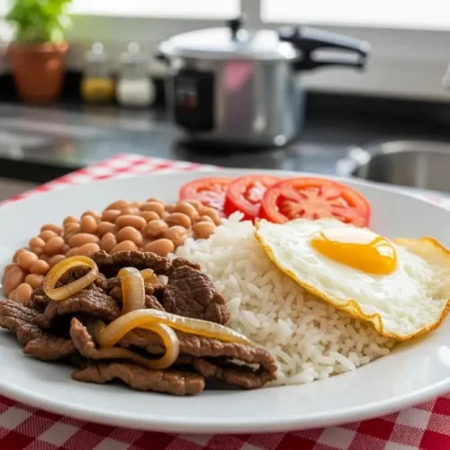 Prato brasileiro clássico com arroz branco soltinho, feijão, bife acebolado e ovo frito.