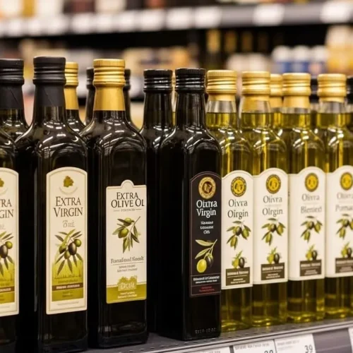 Imagem de uma prateleira de supermercado com várias garrafas de azeite de oliva, incluindo extravirgem, virgem, composto e de bagaço, iluminadas com luz suave.