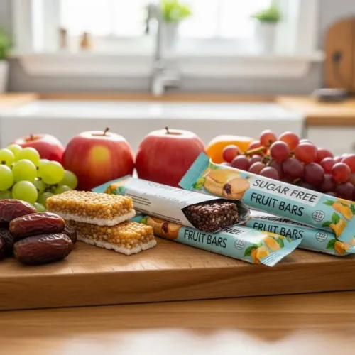 Fotografia realista de uma bancada com barras de frutas sem adição de açúcar e frutas frescas como maçãs, tâmaras e uvas, sob iluminação clara e natural.