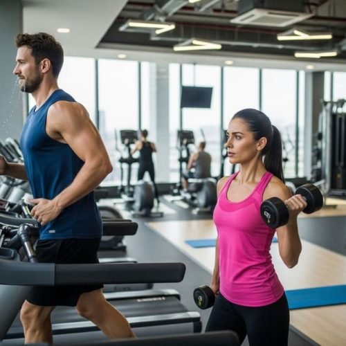 Homem e mulher praticando exercícios variados em academia, mostrando a importância da combinação de atividades para definição abdominal