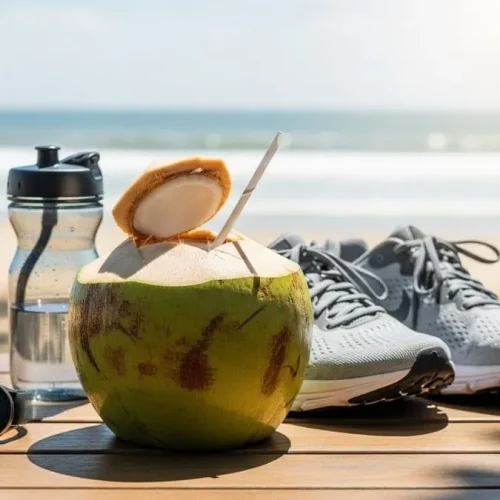 Coco verde com canudo ao lado de tênis de corrida e garrafa de água em cenário ensolarado.