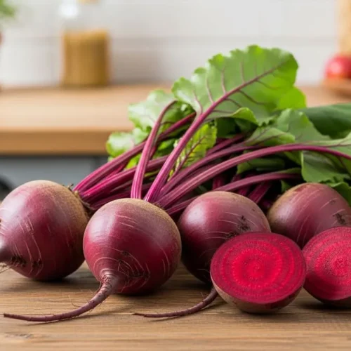 Fotografia realista de beterrabas inteiras com folhas verdes e algumas fatiadas em mesa de madeira, luz natural enfatizando a cor roxa-avermelhada.