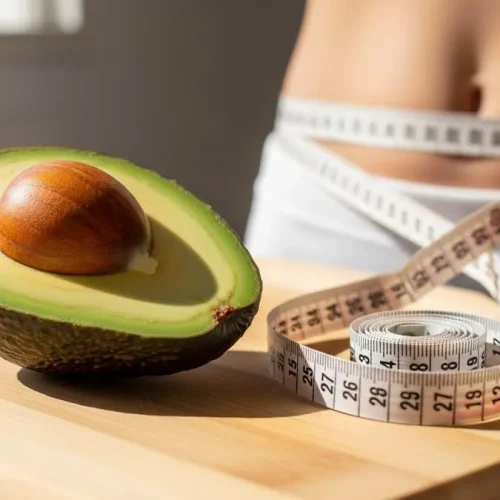 Metade de abacate maduro cremoso sobre tábua de madeira ao lado de fita métrica enrolada na cintura, luz natural da manhã.