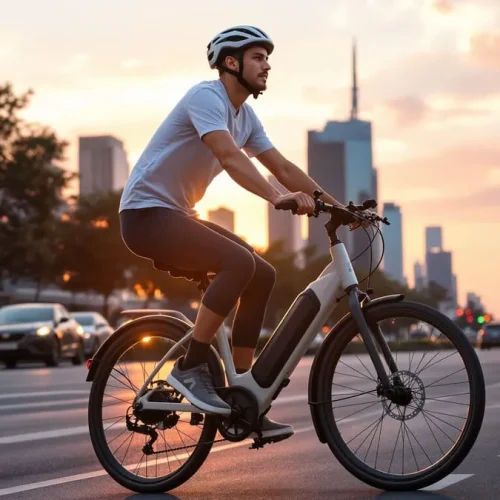 Fotografia de um ciclista pedalando uma bicicleta elétrica em uma ciclovia urbana ao amanhecer, com trânsito leve e céu laranja ao fundo.