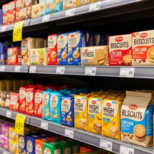 Fotografia realista de uma prateleira de supermercado com diversos pacotes de biscoitos fit, destacando rótulos com promessas de 'alto em proteína' e 'low carb', sob iluminação suave.