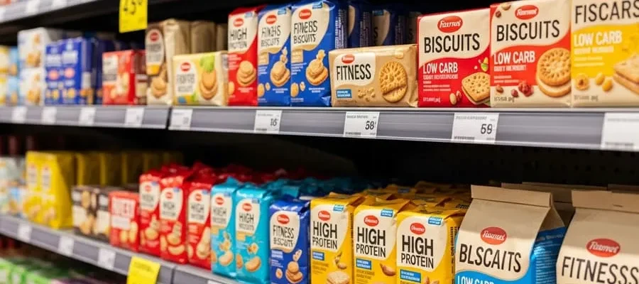 Fotografia realista de uma prateleira de supermercado com diversos pacotes de biscoitos fit, destacando rótulos com promessas de 'alto em proteína' e 'low carb', sob iluminação suave.