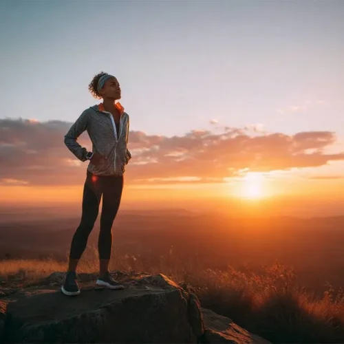 Fotografia de um corredor em uma trilha urbana ao amanhecer, com passada perfeita, pé aterrissando sob o corpo, usando roupas de corrida modernas e com árvores e céu alaranjado ao fundo.