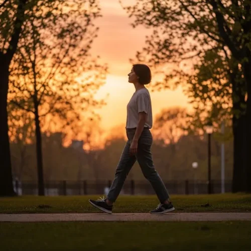 Fotografia realista de uma pessoa caminhando em um parque arborizado ao entardecer, com roupas confortáveis, sob iluminação suave e quente de pôr do sol.