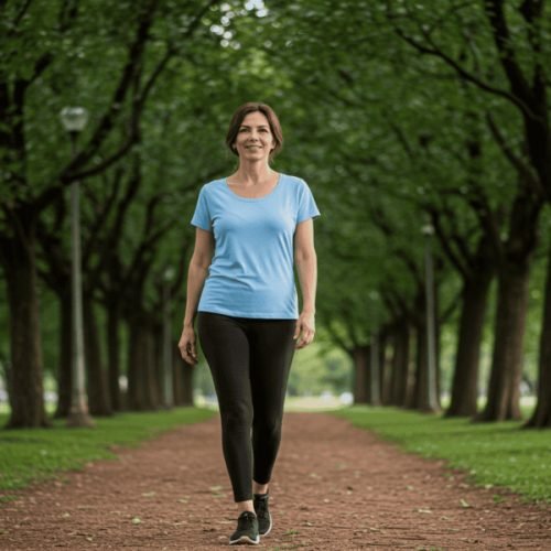 Mulher aprecia uma caminhada tranquila no parque ao entardecer, cercada pela natureza e luz suave do sol.