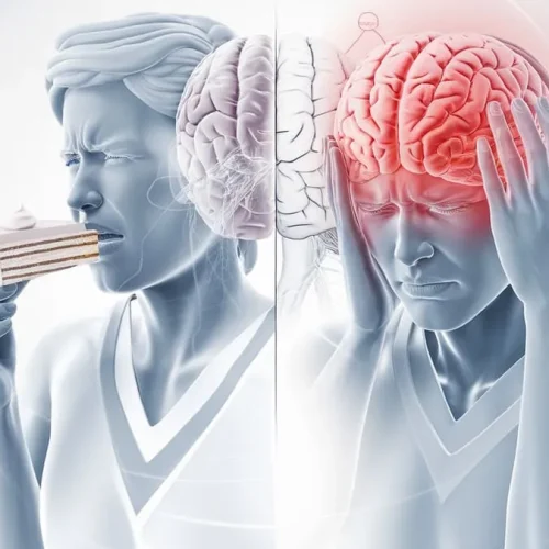 Ilustração mostrando a relação entre consumo de açúcar e dores de cabeça.