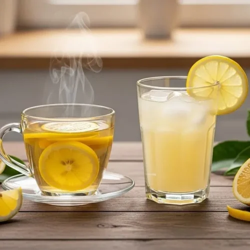 Fotografia de uma xícara de chá de limão fumegante e um copo de suco de limão gelado sobre uma mesa de madeira, com fatias de limão e cascas ao redor, sob luz natural suave.