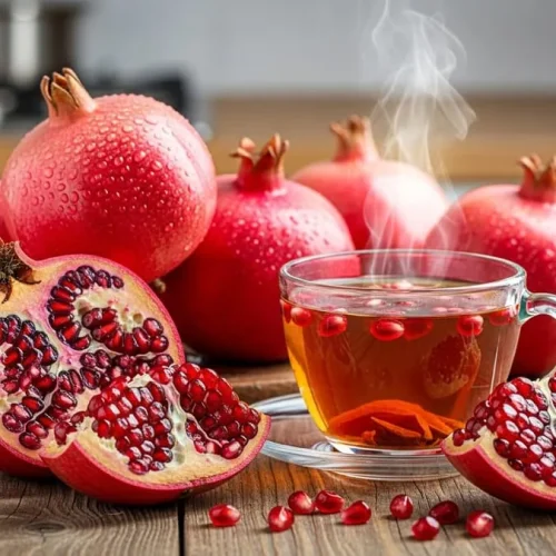 Fotografia de romãs frescas abertas com sementes vermelhas ao lado de uma xícara de chá fumegante, sob luz natural suave