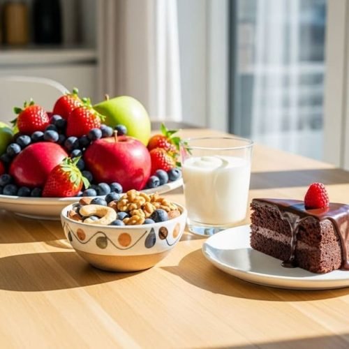 Mesa com frutas frescas, castanhas, iogurte e uma fatia de bolo, representando equilíbrio entre saúde e prazer.