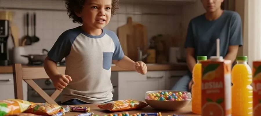 Foto de uma criança hiperativa em cozinha com doces e sucos coloridos artificiais, ilustrando impactos de corantes na saúde infantil.