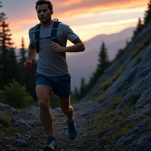 Fotografia de um corredor em uma trilha montanhosa ao amanhecer, com tênis de trilha, roupas leves, mochila de hidratação, árvores, rochas e céu alaranjado ao fundo.