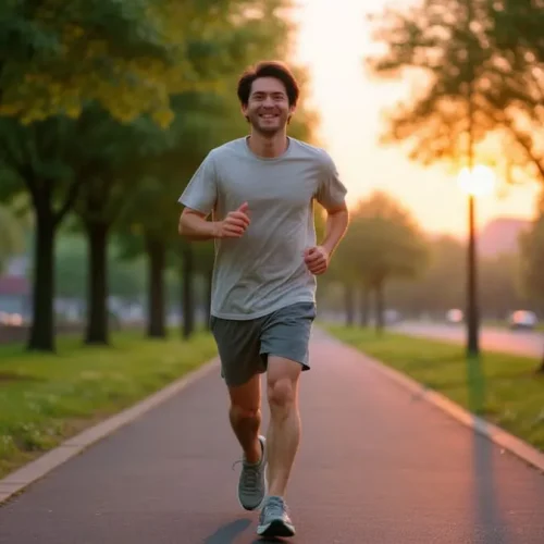 Fotografia de um corredor iniciante correndo em uma trilha urbana ao amanhecer, com tênis simples, camiseta de algodão e um leve sorriso, com árvores verdes e céu alaranjado ao fundo.