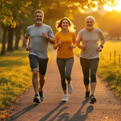 Pessoas de diferentes idades correndo em um parque ao nascer do sol, representando os benefícios das corridas curtas para a saúde.