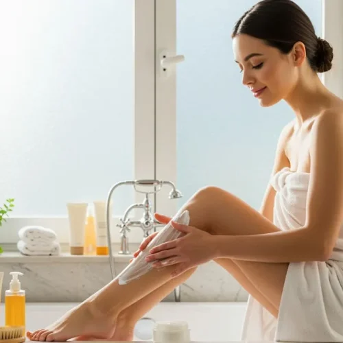 Mulher aplicando hidratante corporal em banheiro com produtos de skincare organizados representando rotina de cuidados com a pele do corpo