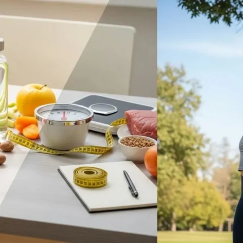 Imagem mostrando alimentos saudáveis ao lado de pessoa praticando exercício, representando déficit calórico para perda de peso