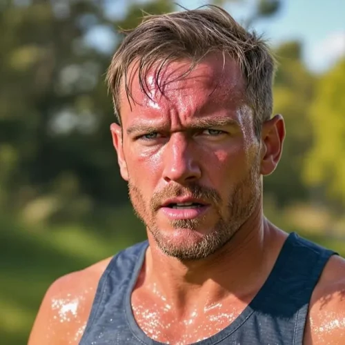 Corredor suado treinando sob sol forte, ilustrando o risco de desidratação durante corridas no calor.