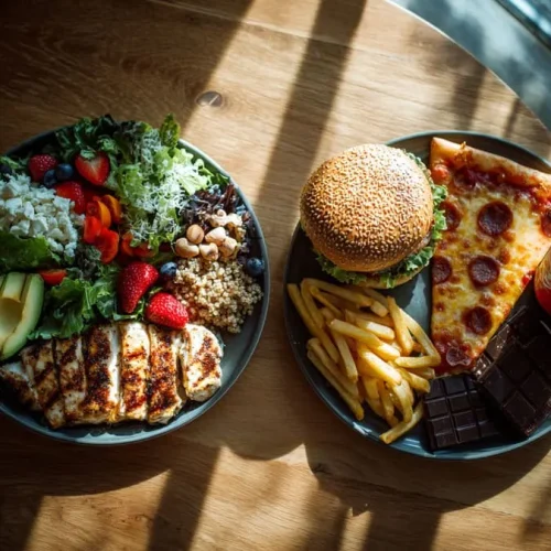 Dois pratos lado a lado: um com comida saudável e outro com fast food, simbolizando o dia do lixo.