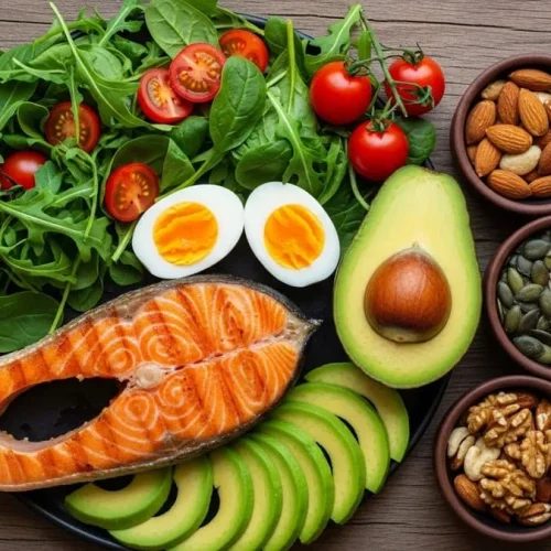 Prato low carb com salmão grelhado, ovos, abacate, salada verde e castanhas.