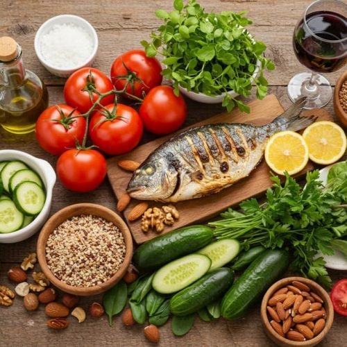 A beleza da dieta mediterrânea: cores, frescor e sabor que alimentam corpo e mente.