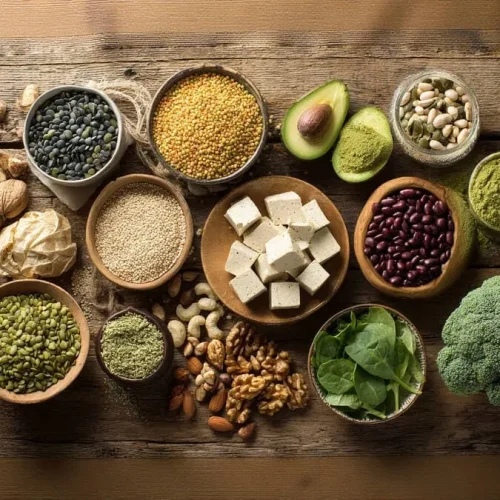 Vista aérea de mesa de madeira com grãos, leguminosas, tofu, sementes e vegetais ricos em proteínas.