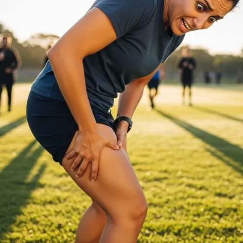 Pessoa sentindo dor aguda na parte de trás da coxa durante atividade física.
