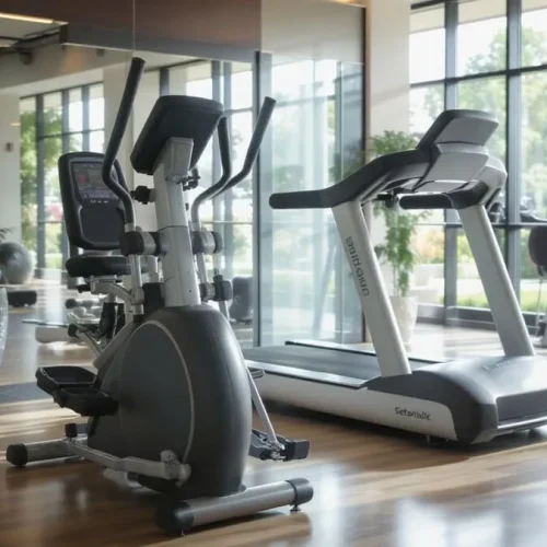 Máquinas de cardio elíptico e esteira em academia moderna iluminada por luz natural.