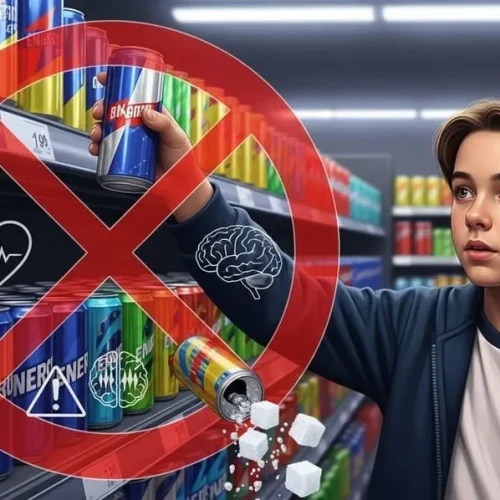 Imagem de um adolescente pegando uma lata de energético em uma prateleira de supermercado, com sinais de proibição e ícones de riscos à saúde ao fundo.