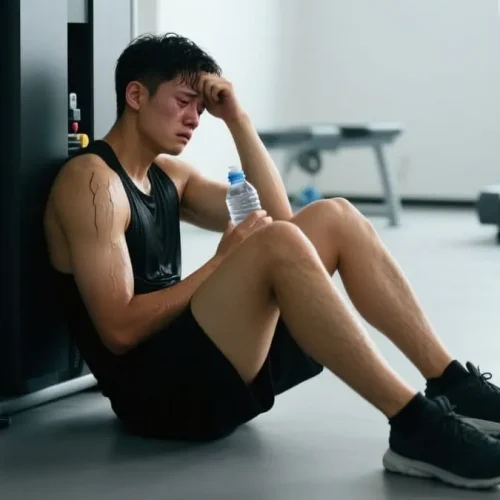 Atleta cansado sentado no chão da academia, representando os riscos do excesso de treino.