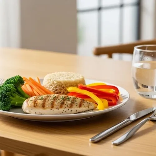 Prato equilibrado com frango, arroz integral, legumes coloridos e um copo de água.
