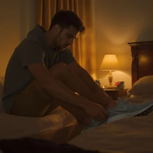 Pessoa indecisa entre colocar os tênis de corrida e deitar para dormir, representando o dilema entre exercício e sono.