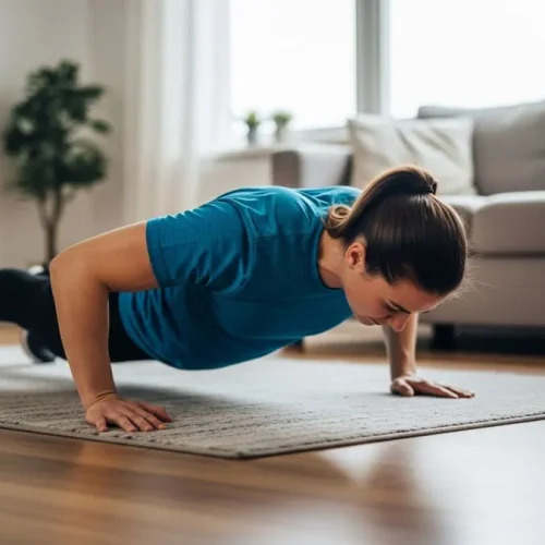 Fotografia realista de uma pessoa fazendo flexão de braço na sala de estar, com tapete e móveis ao fundo, sob iluminação clara e natural.