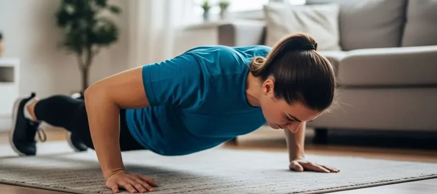 Fotografia realista de uma pessoa fazendo flexão de braço na sala de estar, com tapete e móveis ao fundo, sob iluminação clara e natural.